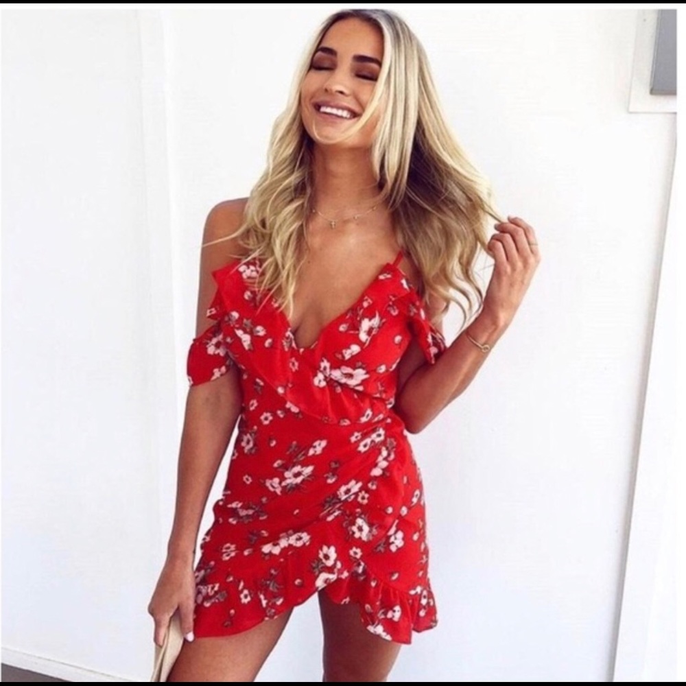 Kalli Red Floral Wrap Dress